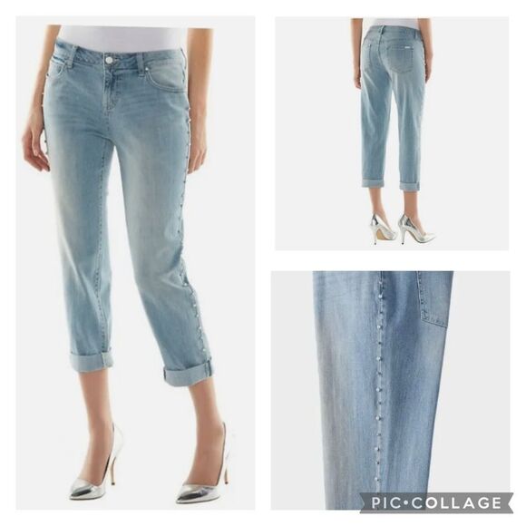 Jennifer Lopez Rhinestone and Faux Pearl Embellished Boyfriend Blue Jeans Sz 14 - Picture 1 of 16